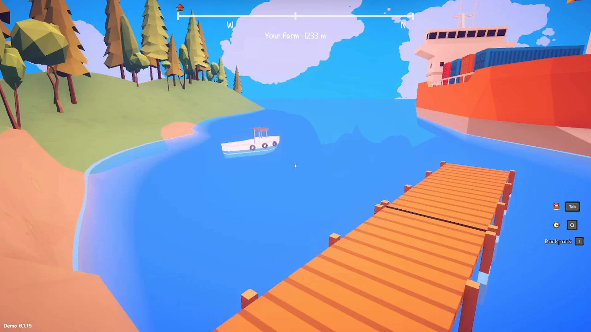 A wooden dock reaches into the blue water of the island harbor