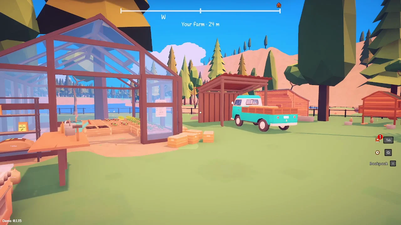 A sunlit greenhouse, turquoise van, and wooden farm buildings