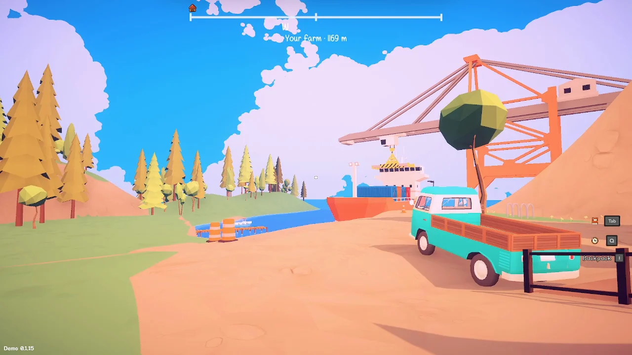 Turquoise van parked beside the bright blue harbor and orange port crane