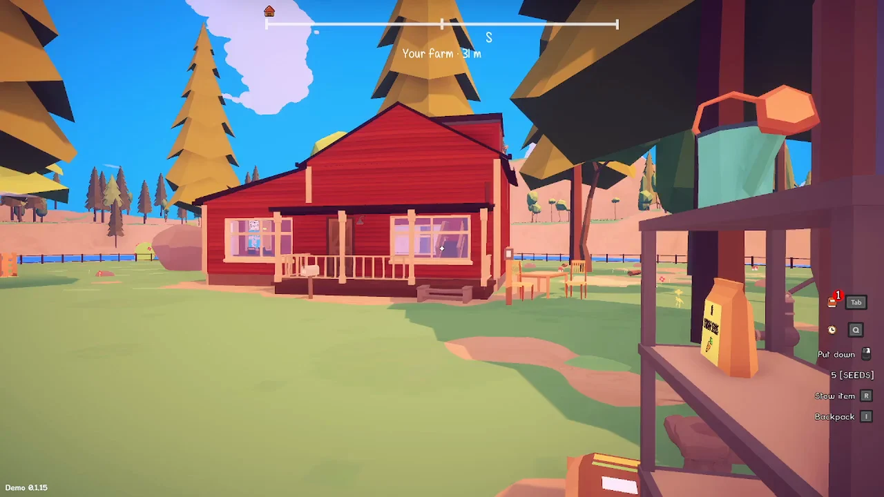 A red wooden cabin with a welcoming porch and trees around the farm