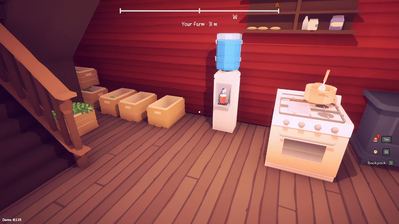 A cozy red cabin kitchen with a stove, shelves, and ingredients