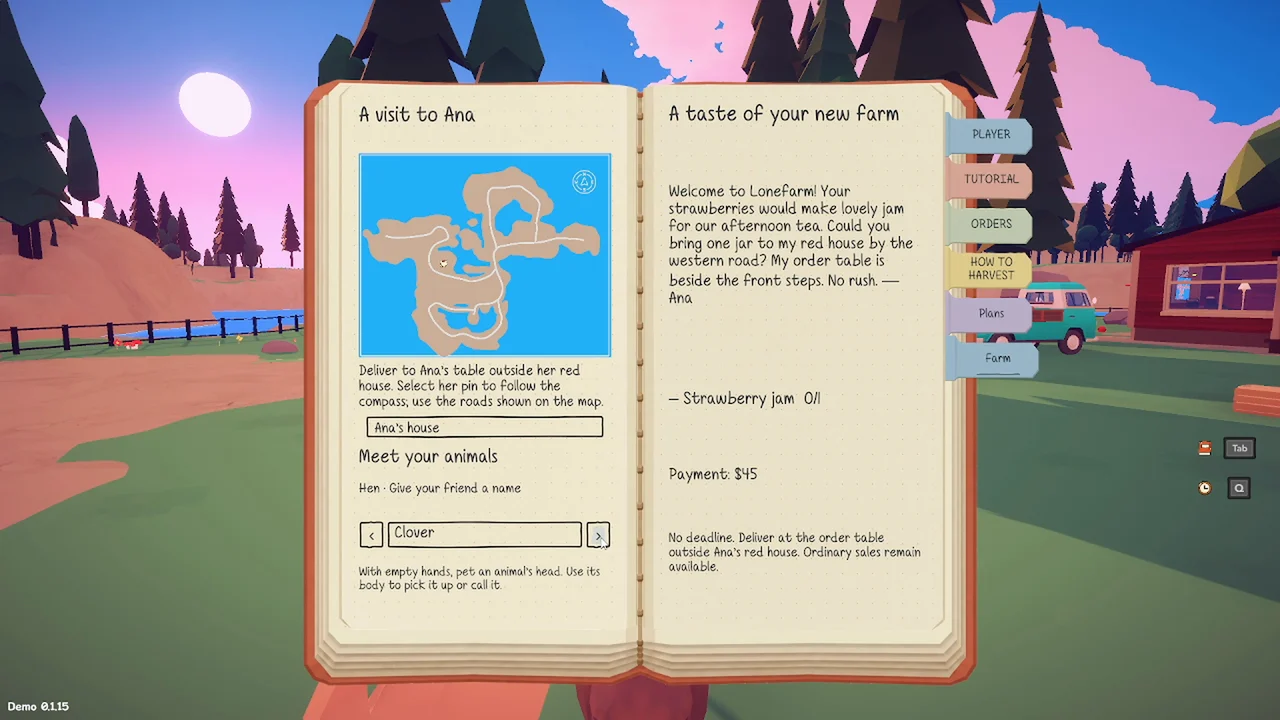 An open notebook showing the island map and farm tasks, with the cabin and van in the background