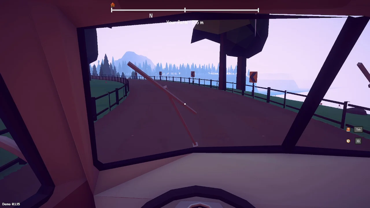 First-person view driving the van in the rain along the seaside road
